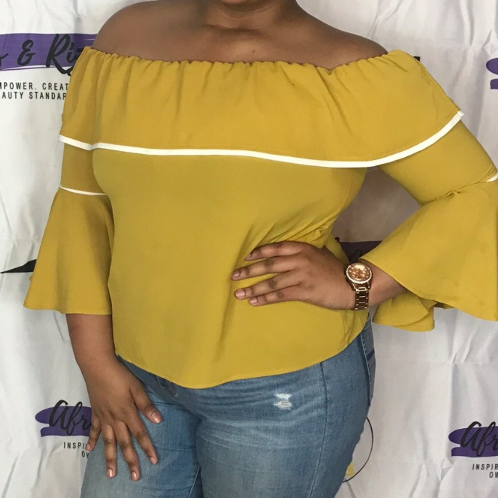 Mustard Off the Shoulder + Ruffle sleeves top.